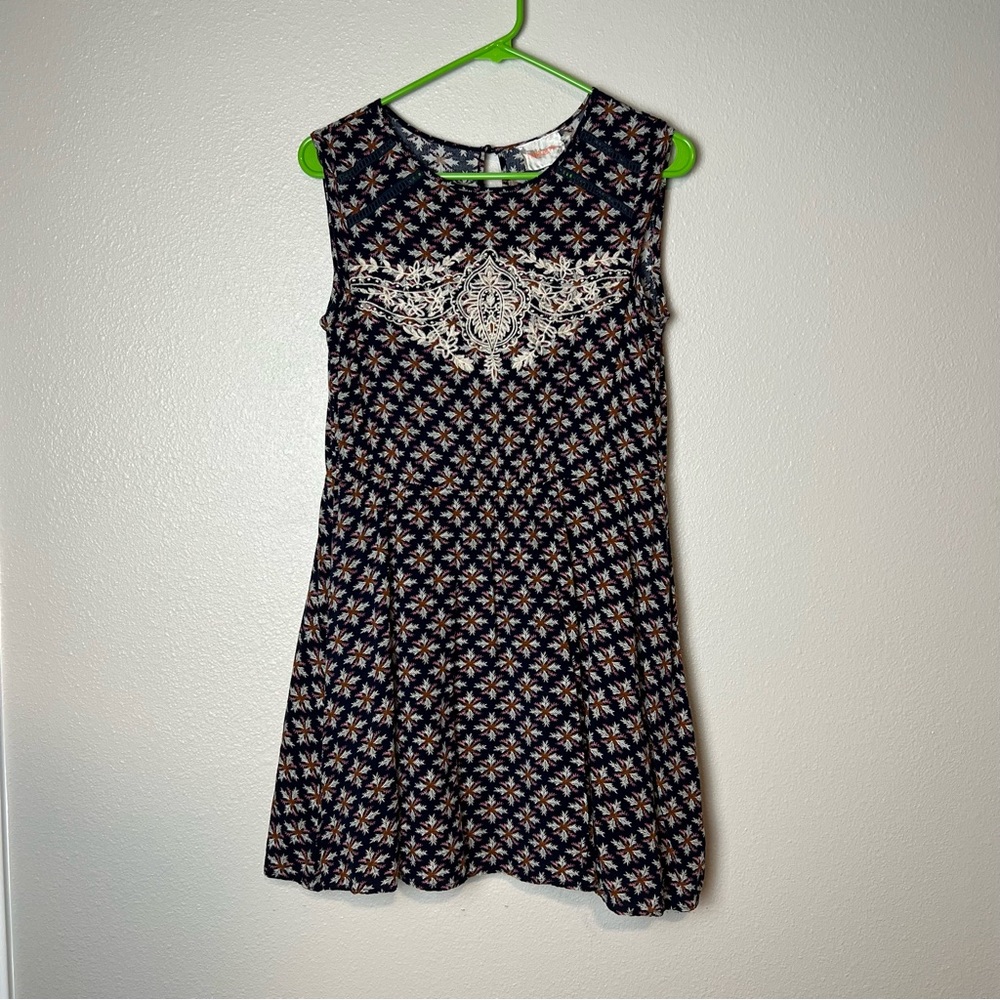 Anthropologie Moon Collection womens navy blue dress sz S skater mini boho print